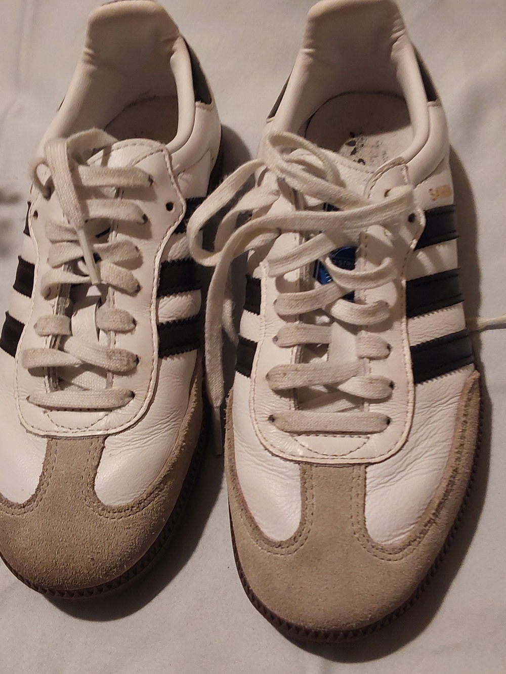 adidas White Sneakers with Black Stripes and Tan Accents - Kids